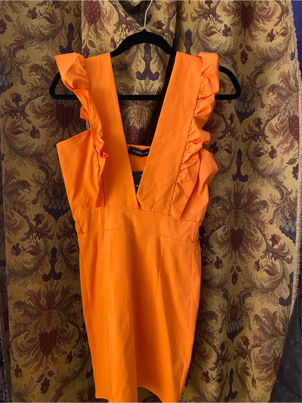 Parisian Works Orange Ruffle V-Neck Mini Dress